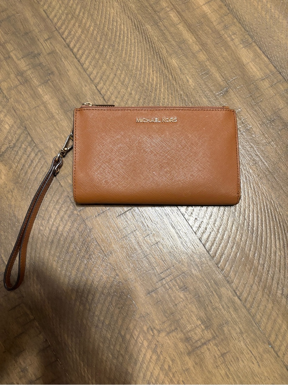 Michael Kors Tan Leather Zip Wristlet Wallet with Gold Logo